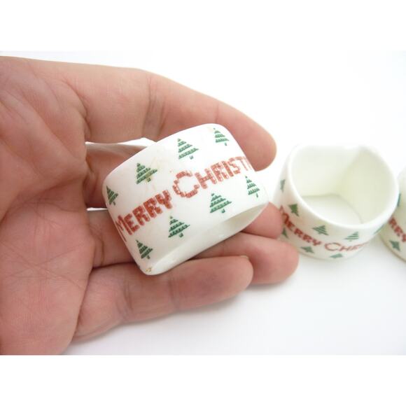 Vintage Christmas Tree Napkin Ring Holders Merry Christmas Ceramic Napkin Rings - Picture 3 of 5
